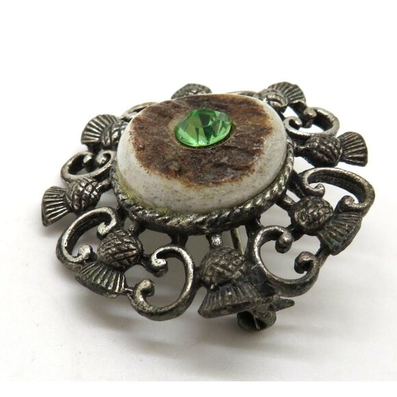 Vintage Deer Antler Brooch Green Gem Silver Tone 1.5" Ornate Metalwork - Picture 3 of 9